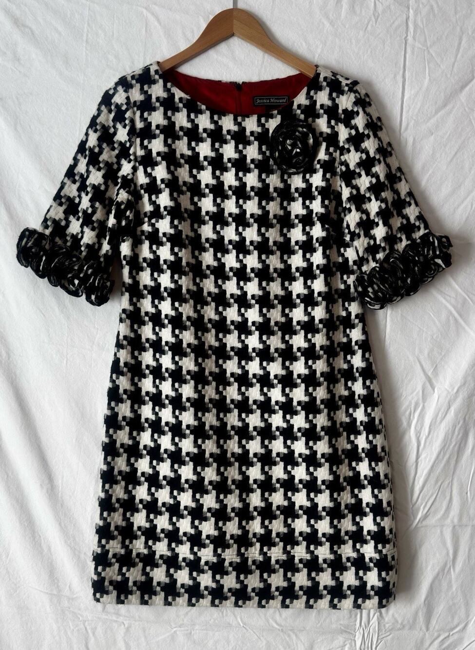 Jessica Howard, Tweed Houndstooth Ruffle Sleeve Dress, Black, White 12P